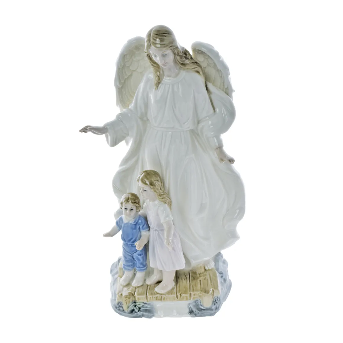 angelo_protettore_con__bi_0.webp Angelo protettore con 2 bimbi ai piedi nei colori del bianco, azzurro e rosa in porcellana.