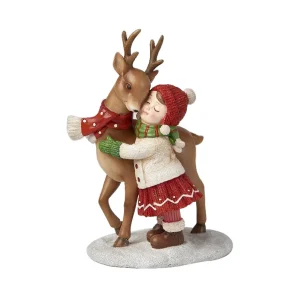 Bimba decorativa con renna e con pupazzo di neve, in poliresina.