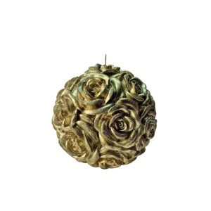 Candela a sfera con rose in rilievo champagne e glitter, disponibile in diverse misure.