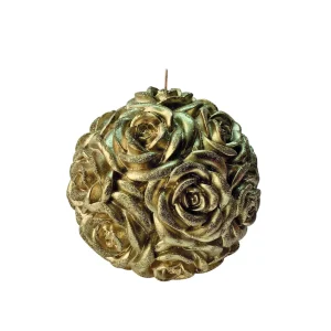 Candela a sfera con rose in rilievo champagne e glitter, disponibile in diverse misure.