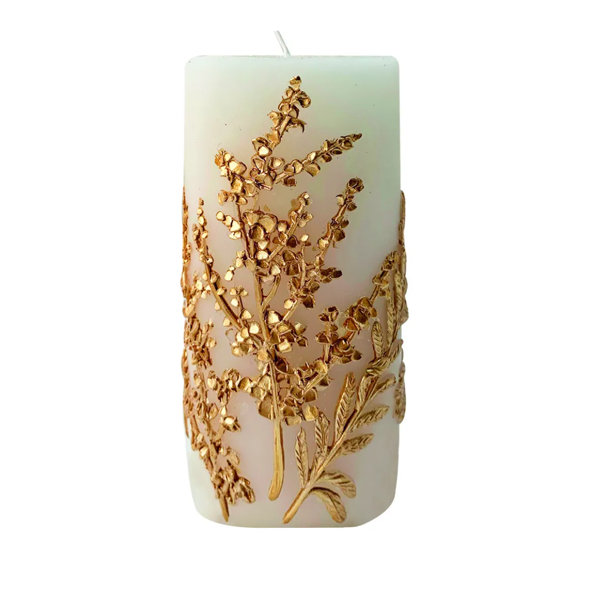 candela_cilindrica_con_fo_2.webp Candela cilindrica con foglie e fiori a rilievo oro, disponibile in diverse misure.