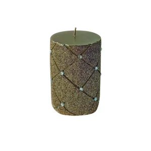 Candela cilindrica glitterata oro con strass, disponibile in due misure: BIG and Small.
