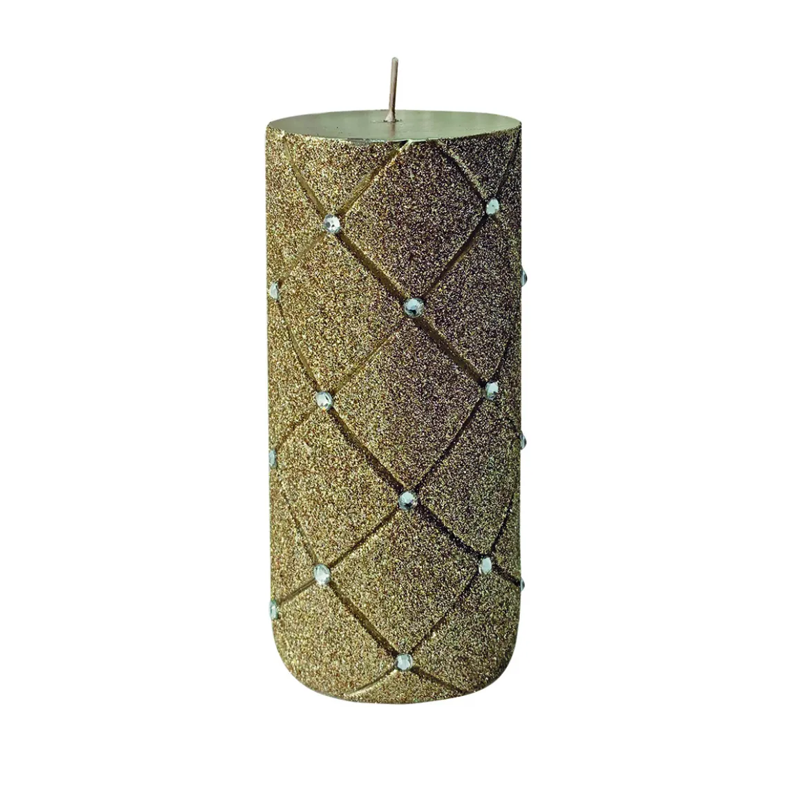 candela_cilindrica_glitte_3.webp Candela cilindrica glitterata oro con strass, disponibile in due misure: BIG and Small.