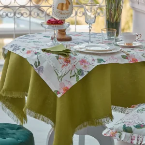 CENTROTAVOLA IN LINO E COTONE CON STAMPA FLOREALE E PIZZO APPLICATO