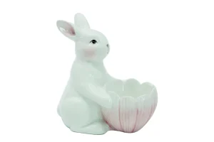 Coniglietto segnaposto decorativo in porcellana bianco con portauovo rosa