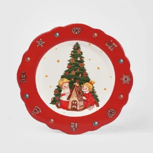 Piatto dolce decorativo con bordi ondulati design retru00f2 christmas, in ceramica.