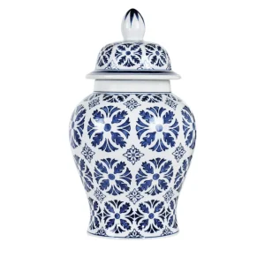 Potiche bianca in porcellana con decoro blu cobaltornLavorata a manornDimensioni: 25x25x43