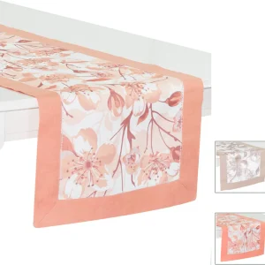 Runner in lino e cotone con stampa floreale ed orlo a giorno