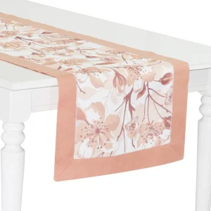Runner in lino e cotone con stampa floreale ed orlo a giorno