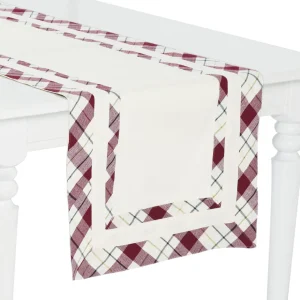 Runner tinta unita rossa o panna con doppio bordo applicato a quadri e filo lurex oro