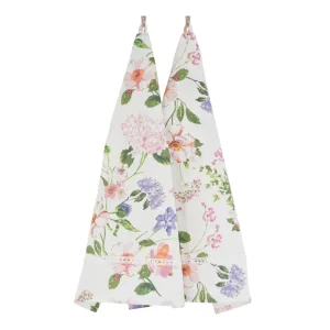 SET 2 STROFINACCI IN LINO E COTONE CON STAMPA FLOREALE E PIZZO APPLICATO