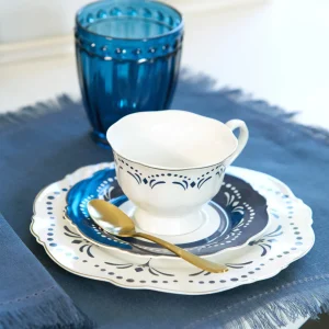 Set 2 tazze da caffu00e8 Porcellana New Bone China decoro blu e profilo argento
