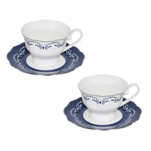 Set 2 tazze da thu00e8 Porcellana New Bone China decoro blu e profilo argento