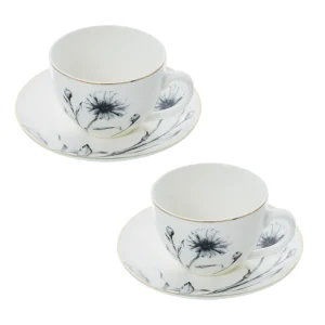 Set 2 tazze da thu00e8 Porcellana New Bone China decoro floreale nero