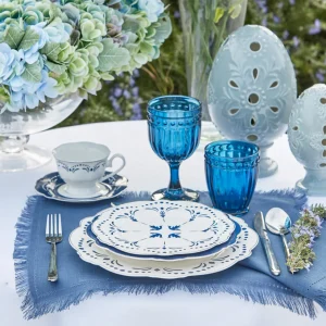 Set Piatti Porcellana New Bone China decoro blu con profilo argento