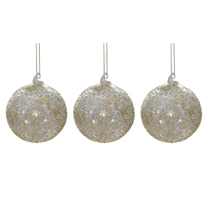 Set 3pz sfera vetro soffiato glitter bianco/oro