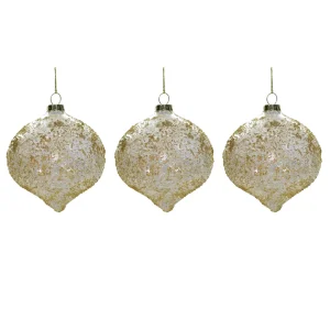 Set 3pz sfere vetro glitterate in oro e argento, con forma ovale.