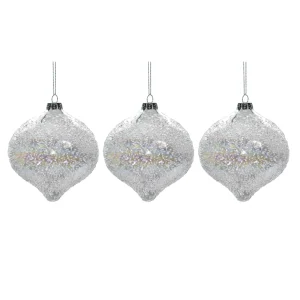 Set 3pz sfere vetro glitterate in oro e argento, con forma ovale.