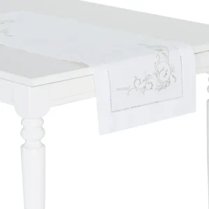 Striscia da tavola ricamata con bordo applicato e orlo punto a giorno