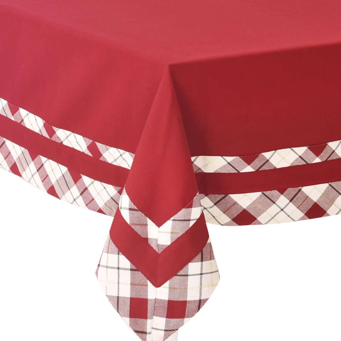 tovaglia_tinta_unita_disp_2.webp Tovaglia tinta unita disponibile in variante colore rosso o panna, con doppio bordo applicato a quadri e filo lurex oro ideale per le feste Natalizie