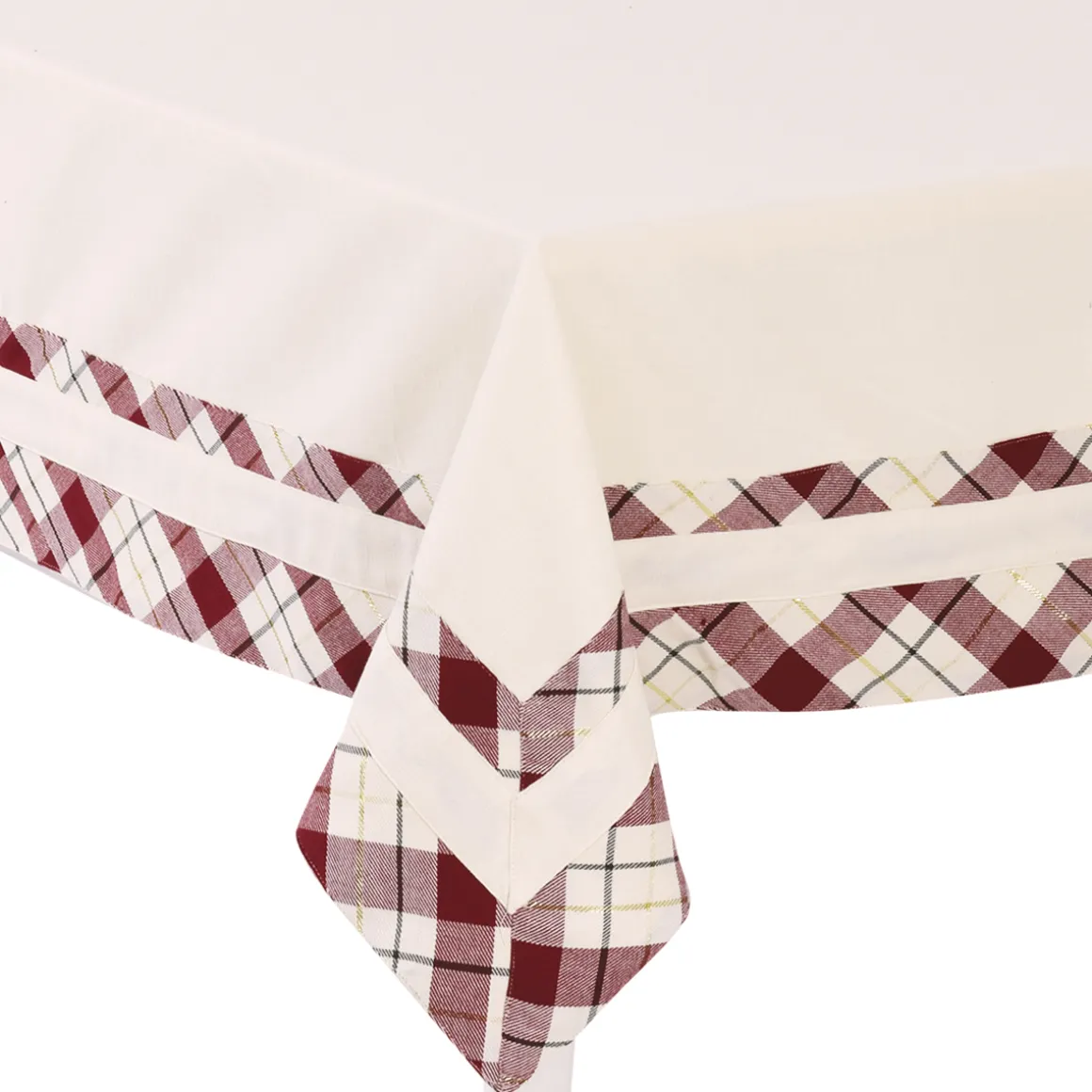 tovaglia_tinta_unita_disp_3.webp Tovaglia tinta unita disponibile in variante colore rosso o panna, con doppio bordo applicato a quadri e filo lurex oro ideale per le feste Natalizie