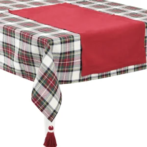 Tovaglia tinto filo tartan fondo panna con nappe ai 4 angoli + Runneru00a0 tinta unita rossa con orlo a giorno lavorati a mano