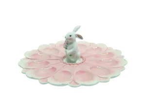 Vassoio decorativo in porcellana sfumato rosa a forma di fiore con coniglietta centrale